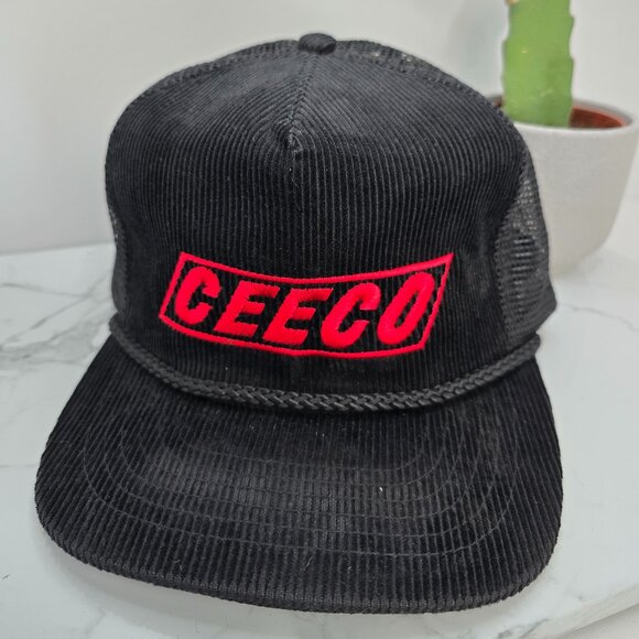 vintage 90s | black corduroy retro snapback trucker hat | unisex - Picture 2 of 8